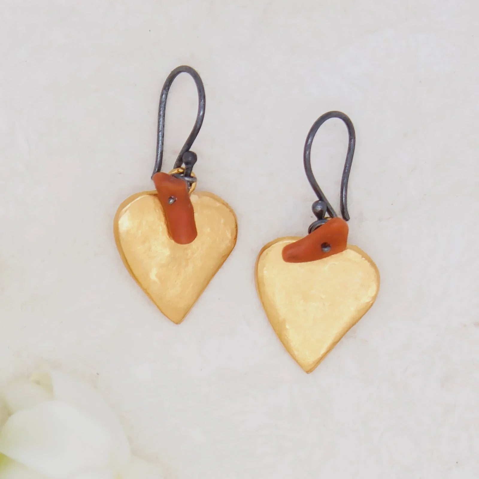 Golden Heart Milagros With Coral Branch Earrings